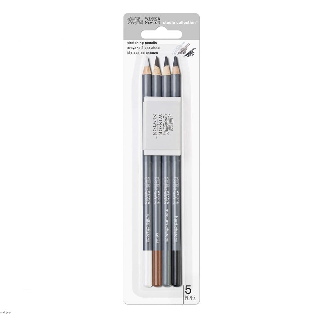 W&N Sketching Pensil Set 4szt + gumka - komplet rysunkowy węgiel+ sepia