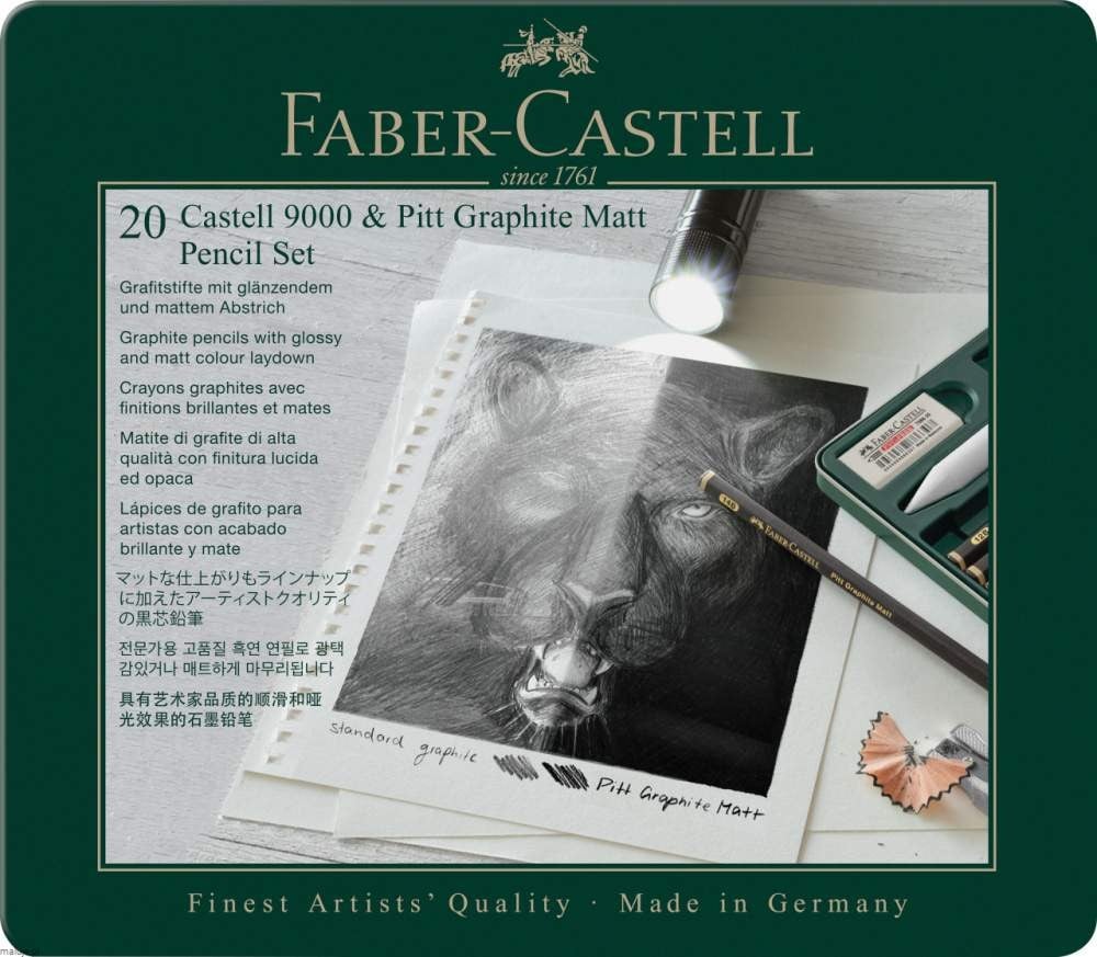 Faber Castell 9000 & Pitt Graphite Matt Pencil Set - komplet ołówków artystycznych + akcesoria (20 elementów)