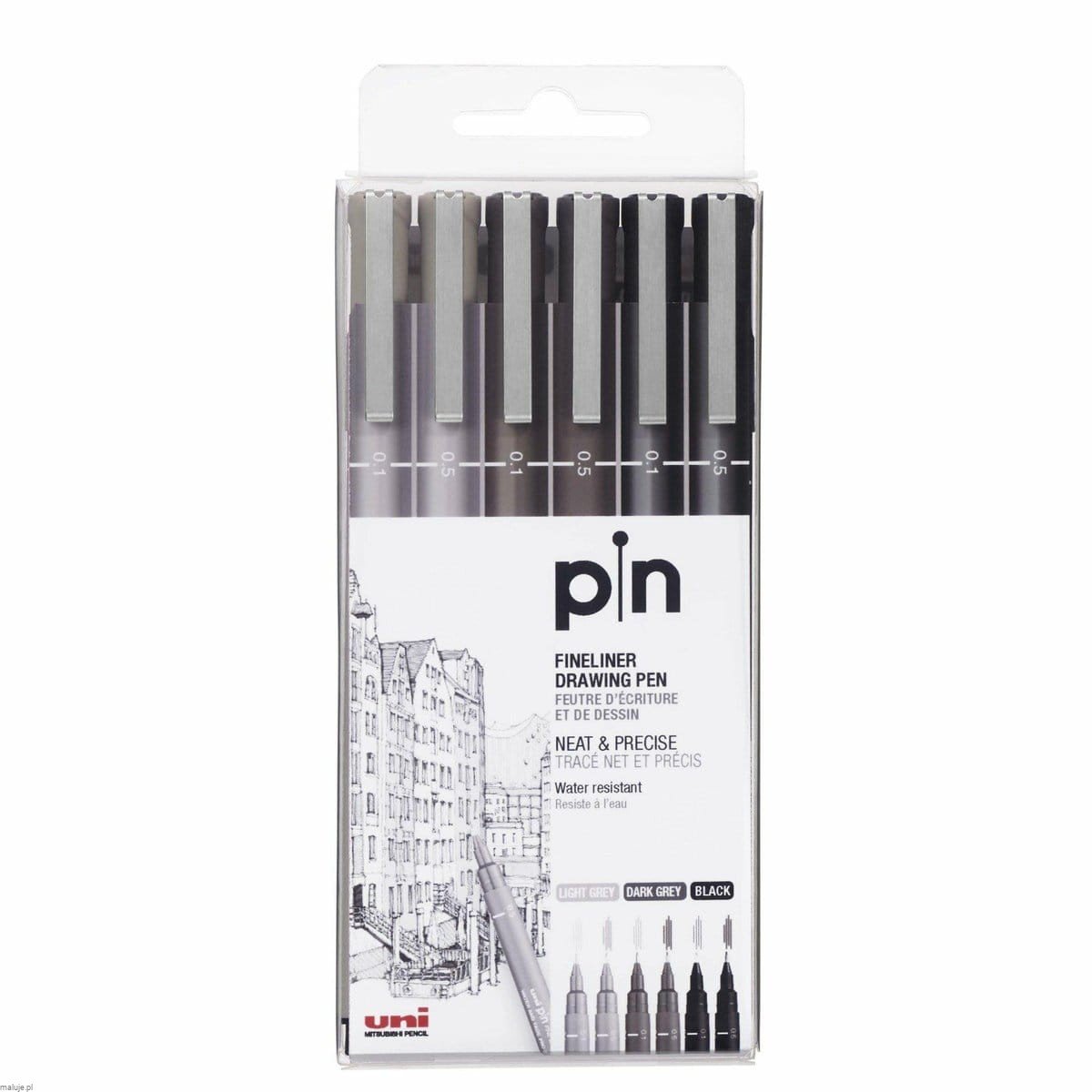 uni Pin 200 Fine Line Set 6szt BLACK&GREY - komplet cienkopisów kreślarskich