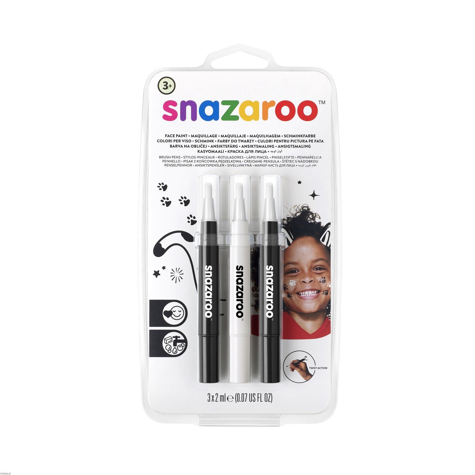 Snazaroo Brush Pen Czarny i biały - zestaw farb do malowania twarzy w pisakach 3 szt