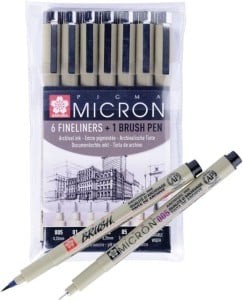 Pigma Micron 6 cienkopisów + Brush Pen - zestaw pisaków