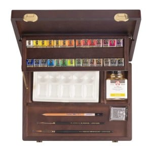 Rembrandt Water Colour Professional Box 28xHP + akcesoria - komplet farb akwarelowych w drewnianej kasecie