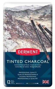 DERWENT Tinted Charcoal 12 kolorów - komplet kolorowych węgli w drewnie
