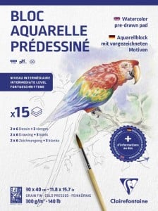 Clairefontaine Watercolour Pre-Drawn Pad ANIMALS 30x40cm 300g 15 ark - blok akwarelowy z 12 gotowymi szkicami