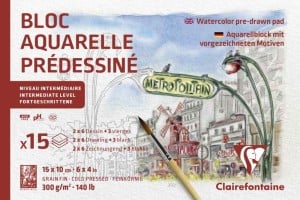 Clairefontaine Watercolour Pre-Drawn Pad PARIS 15x10cm 300g 15 ark - blok akwarelowy z 12 gotowymi szkicami