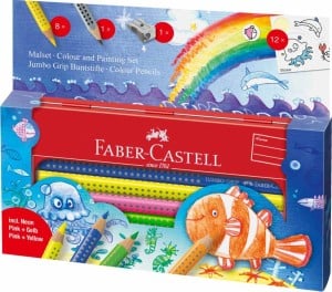 Faber Castell Kredki Jumbo GRIP 8 kolorów + akcesoria - komplet kredek w metalowym piórniku