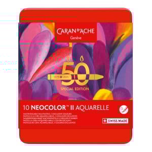 Caran D'Ache Neocolor II POP 10 kol. "50 urodziny" - kredki akwarelowe woskowe w metalowym pudełku