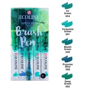 ECOLINE BRUSHPEN GREEN BLUE SET - zestaw 5 pisaków akwarelowych